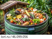 An open compost container with peels and fruit and vegetable clippings. Organic waste in a garden composter. Eco-friendly gardening, sustainability, ecology. Стоковое AI-изображение, AI-художник Photojuli / Фотобанк Лори