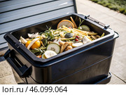 An open compost container with peels and fruit and vegetable clippings. Organic waste in a garden composter. Eco-friendly gardening, sustainability, ecology. Стоковое AI-изображение, AI-художник Photojuli / Фотобанк Лори