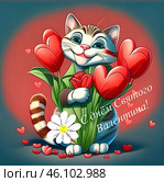 Кот улыбается. День Святого Валентина. День всех влюблённых. 14 февраля. Стоковое AI-изображение, AI-художник Галина Сячина / Фотобанк Лори