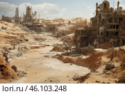 Crumbling city in sandy desert ravaged by time and elements. Стоковое AI-изображение, AI-художник Иван Рябоконь / Фотобанк Лори