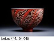 Red ceramic bowl with intricate black tribal design on dark background. Стоковое AI-изображение, AI-художник Иван Рябоконь / Фотобанк Лори