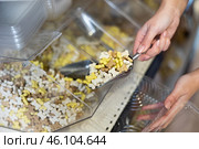 Female hands holding scoop with dog dry food in pet store. Стоковое фото, фотограф Яков Филимонов / Фотобанк Лори
