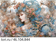 A fantasy female figure surrounded by a mesmerizing pattern of flowers, leaves and fairytale elements. The woman has pale skin, and her long wavy hair, done in shades of blue, is woven into the surroundings, connecting with natural motifs. A wreath of roses, butterflies and delicate details decorates her head, giving the image tenderness and magic. Around you can see architectural structures reminiscent of a medieval or fantasy city. The atmosphere of the drawing is imbued with sophistication and refinement, the style is reminiscent of Art Nouveau with elements of surrealism and fairytale. Стоковое AI-изображение, AI-художник Анна Кривицкая / Фотобанк Лори