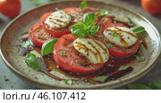 Caprese salad with ripe tomatoes, fresh mozzarella, and basil leaves drizzled with balsamic glaze on a rustic plate. Italian cuisine and gastronomic tour concept. Culinary video blog. Стоковое AI-видео, аниматор Ирина Михайличенко / Фотобанк Лори