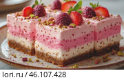 Footage with tasty layered strawberry and cream fudge cake topped with crushed pistachios. Стоковое AI-видео, аниматор Ирина Михайличенко / Фотобанк Лори