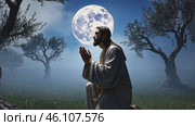 Jesus prays alone in the moonlight. Стоковое видео, видеограф Ирина Старикова / Фотобанк Лори