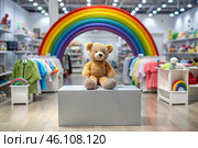 Beautiful colorful showcase of a children's store with a rainbow and a teddy bear. The concept of shopping and shopping for children's goods. Стоковое AI-изображение, AI-художник Photojuli / Фотобанк Лори