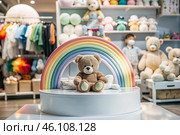 Beautiful colorful showcase of a children's store with a rainbow and a teddy bear. The concept of shopping and shopping for children's goods. Стоковое AI-изображение, AI-художник Photojuli / Фотобанк Лори
