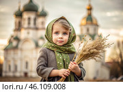 Christianity. Portrait of a three-year-old girl in a Russian folk shawl with a bouquet of wild grass in her hands against the background of an Orthodox church. Стоковое AI-изображение, AI-художник Photojuli / Фотобанк Лори