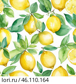 Bright yellow lemons with green leaves create a vibrant repeated pattern for fresh design inspiration. Стоковое AI-изображение, AI-художник Сергей Толмачёв / Фотобанк Лори