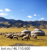 Nomadic Yurts and Grazing Sheep in a Scenic Mountain Valley. Generative AI. Стоковое AI-изображение, AI-художник Коваль Василий / Фотобанк Лори