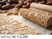 Rolling pin imprinting floral pattern on dough for baking. Стоковое AI-изображение, AI-художник Иван Рябоконь / Фотобанк Лори