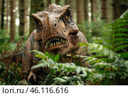 Tyrannosaurus rex lurking in lush prehistoric jungle forest. Стоковое AI-изображение, AI-художник Иван Рябоконь / Фотобанк Лори
