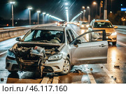 Cars get into accidents, accidents on the road. Damaged, crashed cars on the highway. The concept of car insurance. Стоковое AI-изображение, AI-художник Photojuli / Фотобанк Лори