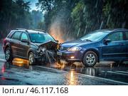 Cars get into accidents, accidents on the road. Damaged, crashed cars on the highway. The concept of car insurance. Стоковое AI-изображение, AI-художник Photojuli / Фотобанк Лори