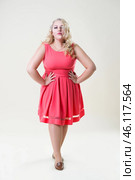 Plus size fashion model, fat woman on beige background, overweight female body. Стоковое фото, фотограф Станислав Тарко / Фотобанк Лори