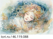 Sleeping girl with golden hair, gently fluttering in the air. Her face is gentle, with relaxed features, giving the image a sense of calm and dreaminess. Flowers, leaves and decorative elements are woven into her hair, creating an impression of fairy tales and nature. The background is done in pastel colors with smooth transitions of blue, gold and white, creating a feeling of lightness, ephemerality and sleep. The picture resembles a dream, dreams, magic, as if the girl is floating in the air or water. The artistic style combines surrealism, romanticism and fantasy motifs. Стоковое AI-изображение, AI-художник Анна Кривицкая / Фотобанк Лори