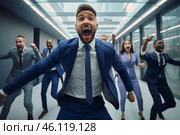 Overjoyed male employee leading a fun celebration with colleagues in a modern office setting during a team-building event. Стоковое AI-изображение, AI-художник Sergey Grishin / Фотобанк Лори
