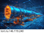 A high-tech visualization of a futuristic particle accelerator or a main pipeline, made in the style of cyberpunk and technical graphics. The pipe structure is displayed with a digital holographic effect, where the elements glow blue and orange, creating the illusion of a three-dimensional design.The image is reminiscent of science fiction scenes, where advanced technologies are combined with computer simulations, architectural drawings and models of engineering systems of the future. Luminous elements on the surface of the structure transmit an energy flow, creating a sense of accelerated particle movement or a high-tech pipeline. Стоковое AI-изображение, AI-художник Анна Кривицкая / Фотобанк Лори
