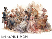 An elegant scene from an aristocratic salon of the 18th-19th centuries. A group of refined ladies and gentlemen, dressed in rich attire with lace, hats and feathers, enjoy social conversation, wine, tea and desserts. The ladies sit on elegant armchairs, and around them are decorative objects such as a mirror, tables with drinks and accessories. The focus is on graceful poses, subtle gestures and an atmosphere of luxury and aristocracy.The painting is done in a soft, watercolor technique, with a predominance of pastel colors: beige, cream, pink and gold. The style is reminiscent of old illustrations and fine paintings of the Rococo era. Стоковое AI-изображение, AI-художник Анна Кривицкая / Фотобанк Лори