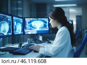 Female Asian neurologist analyzing brain scans while working on desktop computer in modern medical facility. Стоковое AI-изображение, AI-художник Sergey Grishin / Фотобанк Лори