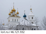 Вид на крыши и купола православной церкви. Снег на ветвях деревьев. Собор Сошествия Святого Духа на апостолов, город Магадан, Магаданская область, Дальний Восток России. Стоковое фото, фотограф Андрей Степанов / Фотобанк Лори