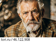 Studio portrait of a stylish, elegant elderly man, 70 years old, in a checkered jacket in brown tones. The concept of the elderly. Стоковое AI-изображение, AI-художник Photojuli / Фотобанк Лори