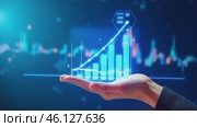 Hand holding a graph with a blue line that is rising. Стоковое AI-видео, аниматор Sergey Grishin / Фотобанк Лори