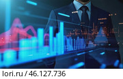 Man is seen in a suit and tie, looking at a computer screen with a graph on it. Стоковое AI-видео, аниматор Sergey Grishin / Фотобанк Лори