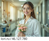 Улыбающаяся медсестра с букетом цветов на фоне больничного коридора. Стоковое AI-изображение, AI-художник Валерий Лукин / Фотобанк Лори