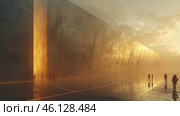 A futuristic scene with a massive, monolithic wall that stretches into infinity. The huge surface of dark metal or stone reflects the golden light of the sunset, creating a mystical atmosphere. Silhouettes of people walk along the wall, looking tiny against the backdrop of the grandiose architectural structure. A powerful stream of light is visible between the parts of the wall, creating a sense of mystery and scale. Стоковое AI-изображение, AI-художник Анна Кривицкая / Фотобанк Лори