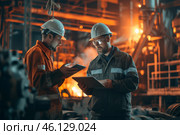 Workers collaborating in a metal factory while reviewing data on tablets during evening shift in an industrial setting. Стоковое AI-изображение, AI-художник Sergey Grishin / Фотобанк Лори