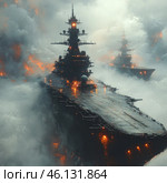 Massive warships, reminiscent of huge aircraft carriers, moving through thick fog and clouds of smoke. Their dark, monumental hulls are dotted with lights, creating an ominous, post-apocalyptic atmosphere. Flashes of fire blaze around them, as if the ships have emerged from battle or are sailing through a scorching hellscape. Their design seems ultra-technological, reminiscent of a fantasy or alternate world where war has become part of space itself. The atmosphere is simultaneously majestic and terrifying, as if this is a scene from a movie about the end of the world or an epic naval battle of the future. Стоковое AI-изображение, AI-художник Анна Кривицкая / Фотобанк Лори