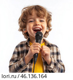 A young boy is holding a microphone and smiling. Стоковое AI-изображение, AI-художник Ярославский Максим / Фотобанк Лори