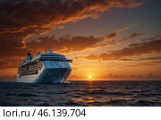 Majestic cruise ship gliding through a fiery sunset over calm ocean waters, creating a breathtaking seafaring spectacle. Стоковое AI-изображение, AI-художник Александр Поташев / Фотобанк Лори