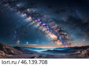Panoramic Milky Way galaxy brimming with shimmering stars, interstellar dust, and boundless cosmic wonder in an awe-inspiring night sky scene. Стоковое AI-изображение, AI-художник Александр Поташев / Фотобанк Лори