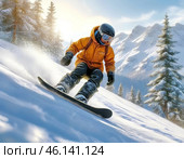 Snowboarding is a winter sport that involves sliding down snowy mountain slopes or performing acrobatic tricks on a specially designed board. Стоковое AI-изображение, AI-художник Сергей Елизарьев / Фотобанк Лори