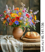 Fresh bread and a bouquet of colorful wild flowers in a clay jug. Country still life. Стоковое AI-изображение, AI-художник Сергей Елизарьев / Фотобанк Лори