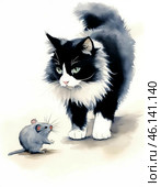 Funny black and white kitten and gray mouse, watercolor. Стоковое AI-изображение, AI-художник Сергей Елизарьев / Фотобанк Лори