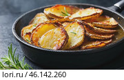 Potato. Roasted potatoes with rosemary and sea salt on dark gray concrete background. Golden oven baked baby potatoes with crispy seasoning in a modern ceramic bowl. Close up. Christmas dinner. Стоковое AI-видео, аниматор Марина Демидюк / Фотобанк Лори
