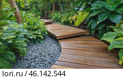 Garden wooden path. Modern garden path way made from hardwood designed with lush greenery, flowers. Wood decking. Backyard pathway walk. Garden lounge. Footpath. Woodland shade. Cottagecore. Outdoor. Стоковое AI-видео, аниматор Марина Демидюк / Фотобанк Лори