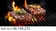 Grilled meat on grill. Coals are on fire. For barbecue. Horizontal layout. AI illustration. Стоковое AI-изображение, AI-художник Катерина Ковалева / Фотобанк Лори
