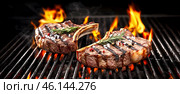 Grilled meat on grill. Fire flames in the background. Central composition. AI illustration. Стоковое AI-изображение, AI-художник Катерина Ковалева / Фотобанк Лори