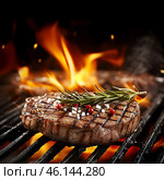 Grilled meat with salt, pink pepper and rosemary. Square layout. Coals are on fire. For barbecue. AI illustration. Стоковое AI-изображение, AI-художник Катерина Ковалева / Фотобанк Лори