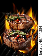 Grilled meat on grill. Coals are on fire. For barbecue parties. AI illustration. Vertical layout. Стоковое AI-изображение, AI-художник Катерина Ковалева / Фотобанк Лори