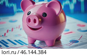 Piggy Bank is on a Financial Chart background, symbolizing savings management. Cheerful pink piggy bank on a blue economy diagram, growing graph. Wealth, profit, investment concept. Save money idea. Стоковое AI-видео, аниматор Марина Демидюк / Фотобанк Лори