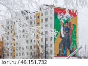 Город Тында, Амурская область, Россия. Вид на большое граффити на стене жилого дома, посвящённое строителям Байкало-Амурской магистрали (БАМ) и города Тынды. Мурал с изображением молодых энергичных людей, идущих на стройку. На переднем плане, покрытые инеем, ветви дерева. (2024 год). Редакционное фото, фотограф Андрей Степанов / Фотобанк Лори
