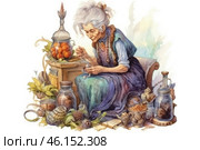 An old herbalist dressed in traditional clothing who is busy preparing potions or elixirs. She sits among many bottles, jars, herbs, nuts and strange ingredients, creating an atmosphere of magic and ancient traditions. The illustration is done in watercolor technique, with soft colors and details reminiscent of old fairy tales and folklore. Around her you can see various glass vessels with tinctures, dried plants and old notes, which adds an atmosphere of mystery and wisdom. Стоковое AI-изображение, AI-художник Анна Кривицкая / Фотобанк Лори