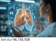 A female scientist or doctor examining a holographic image of human lungs. The hologram is a detailed model of the respiratory system with illuminated bronchi and lungs, surrounded by additional medical data, diagrams and anatomical images. The scene is futuristic in style, using modern technology, which creates the impression of advanced medicine of the future. The lighting is soft and cool, emphasizing technology and professionalism. Стоковое AI-изображение, AI-художник Анна Кривицкая / Фотобанк Лори