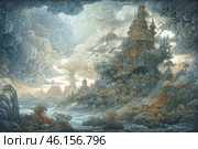 A fantastic scene in the style of a detailed engraving or old illustration. In the center of the composition rises a majestic castle or palace, surrounded by swirling clouds, rocks and trees, creating the feeling of a living landscape. The architecture is reminiscent of fairy-tale oriental or Slavic motifs, with many turrets, windows and bizarre details. Below, a raging pond with a boat carried away by the current is visible. The color scheme is maintained in cool silvery-blue and warm golden-brown tones, creating a mystical and mysterious atmosphere. Стоковое AI-изображение, AI-художник Анна Кривицкая / Фотобанк Лори